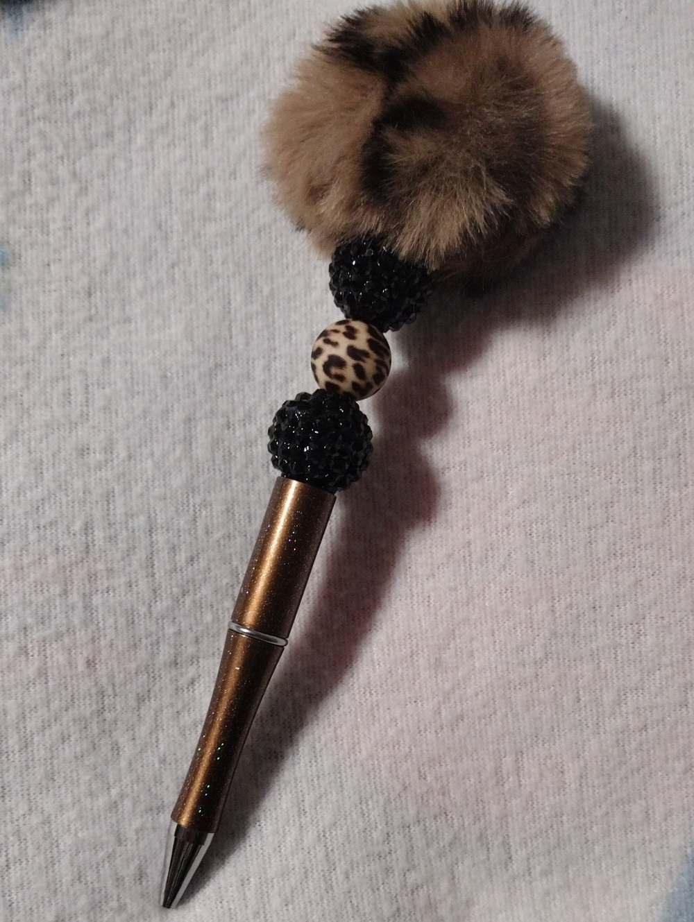 Brown Faux Fur Pom Pom Bead Pen - Elegant Home Office Accessory - Picture 2 of 3
